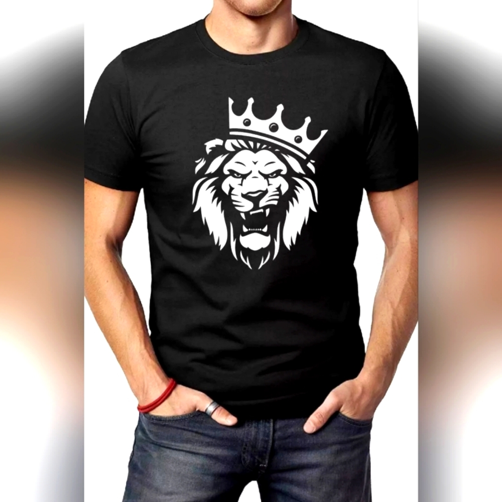 Men's Black Cotton Tshirt  LION WITH CROWN